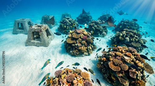 A vibrant underwater coral garden teems with life, with a myriad of colorful coral formations, fish swimming in all directions, and the sunlight filtering through.