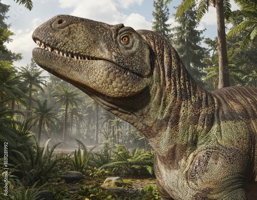 Majestic Megalosaurus bucklandii, a realistic and proud portrait of this Jurassic predator in its lush, ancient forest