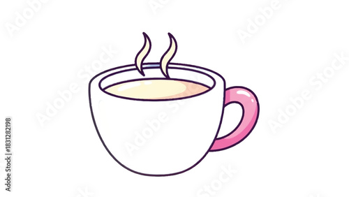 A steaming cup of hot beverage with a pink handle.