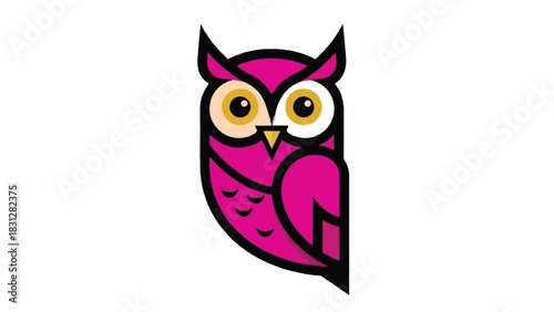 Vibrant pink cartoon owl with large yellow eyes peeking from the side.