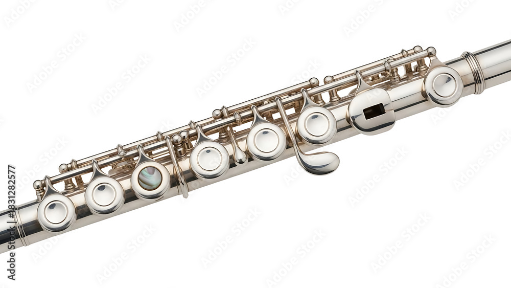 Fototapeta premium Close-up detail of a silver concert flute's keys and mechanism on a white background