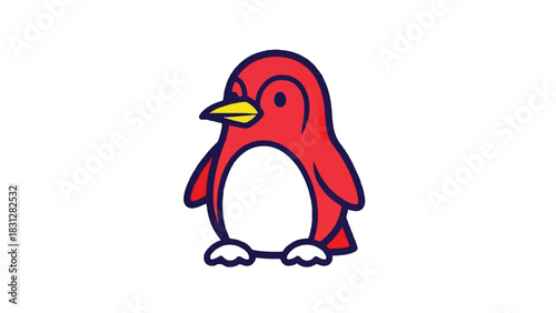 Cute red penguin illustration with a yellow beak and white belly, adorable cartoon animal.