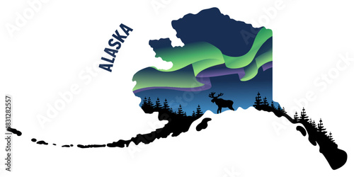 Alaska map silhouette with northern lights aurora borealis, moose and pine forest illustration for travel, tourism and nature design