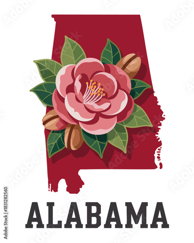 Alabama state flower camellia with pecans illustration, red map silhouette and bold typography, southern vintage travel poster design