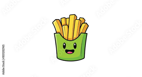 Cute Cartoon French Fries in a Green Box with a Happy Face Illustration.