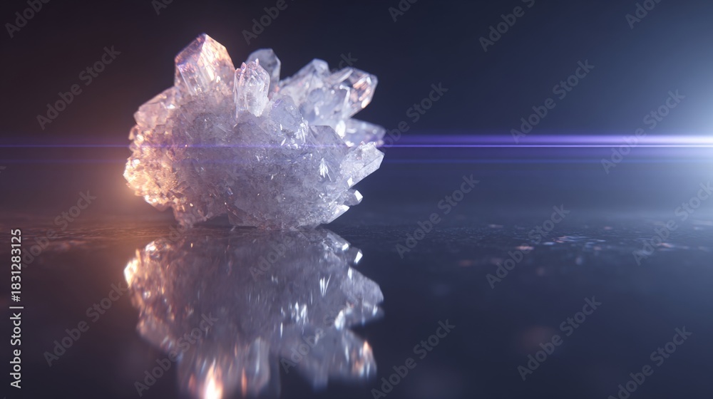 Obraz premium A crystal cluster glowing with cinematic light on a dark reflective surface, showcasing elegant composition and premium detail with space for text.