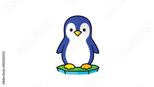 Cute Cartoon Penguin Standing on a Small Ice Floe.
