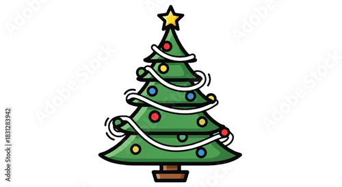 Festive Christmas tree adorned with lights and ornaments for holiday season.