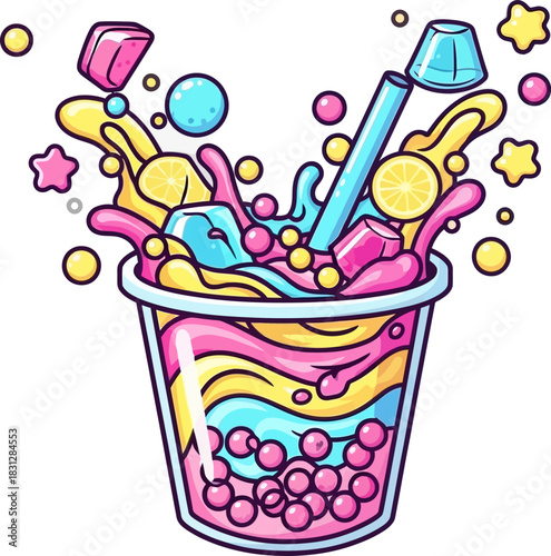 Vibrant Bubble Tea Drink with Colorful Splashes and Toppings.