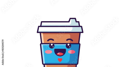 Cute Kawaii Coffee Cup Character with Happy Face.