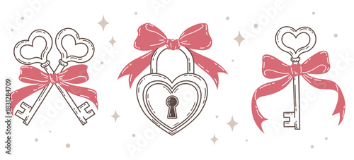 Set of Cute Line Art Valentine's Day Vectors: Heart Key and Padlock, Romantic Love Symbols with Pink Bows. Hand-drawn Outline Clipart and Decorative Sparkles.