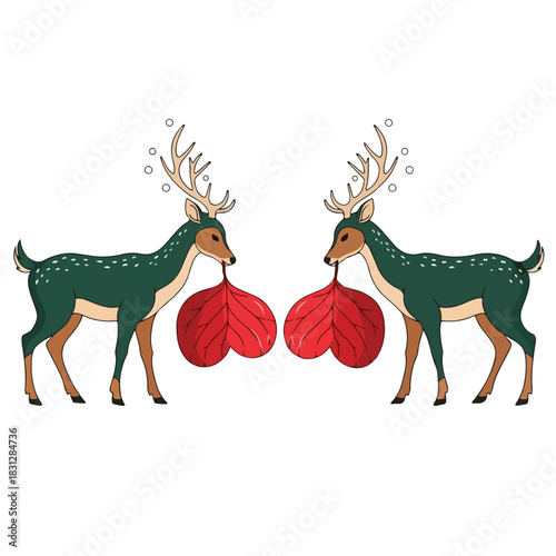 Two green deer with antlers holding red Valentine's Day hearts in their mouths on a white background with a playful and loving mood.