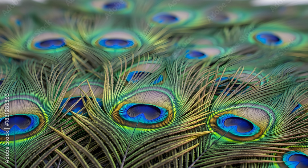 Obraz premium Dense Layered Texture of Bright Peacock Ocellus Feathers with Shallow Focus