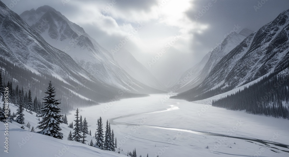 Fototapeta premium Snowstorm over frozen valley