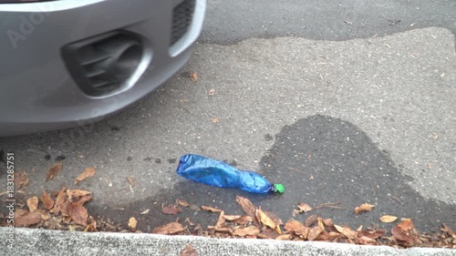 Car Wheels Driving Over Plastic Bottle Crushing Sound