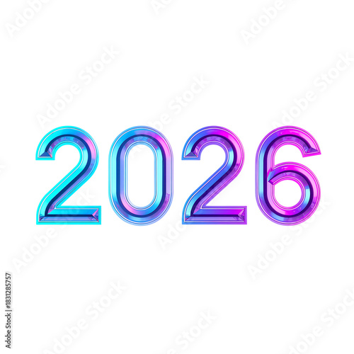 Year 2026 futuristic glossy iridescent numbers, new year celebration concept isolated on transparent background