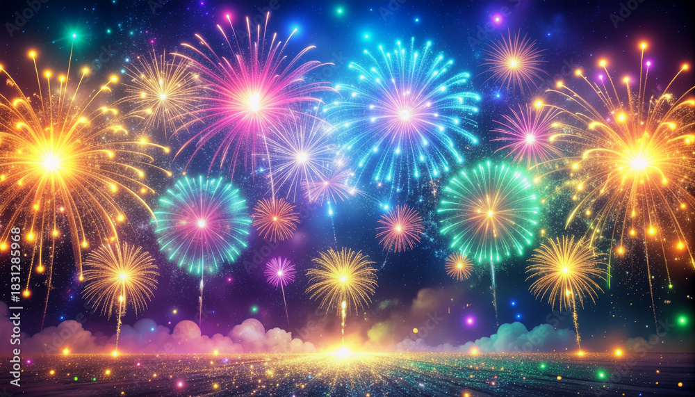 Naklejka premium Colorful Fireworks Celebration Background for New Year Party – Vibrant Night Sky, Glitter Sparks, Festive Lights