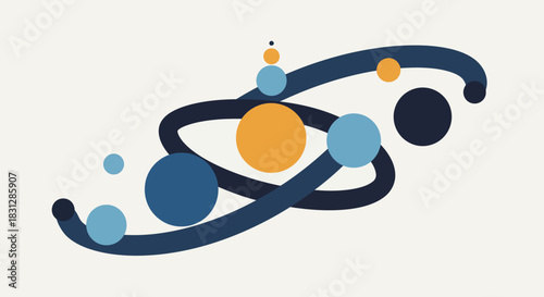 abstract system design with orbits and spheres showing connectivity and complexity ideal for illustrating network diagrams and science concepts.