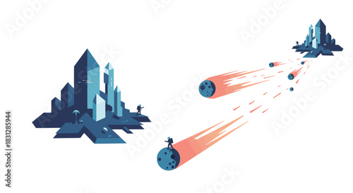 Asteroid impact on futuristic city A lone astronaut witnesses celestial danger digital artwork for science and technology blogs and space exploration themes.