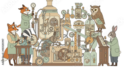 animal scientists operate a complex machine conducting experiments and research in a quirky lab perfect for science education materials and illustrations.