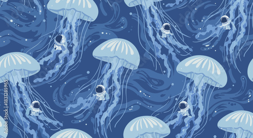 astronaut jellyfish dream astronauts floating amidst glowing jellyfish in a deep blue ocean evoking fantasy and exploration perfect for illustrating otherworldly adventures.