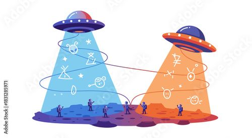 astronauts exploring a planet communicating via ufo beam illustrating space exploration and extraterrestrial life perfect for science blog