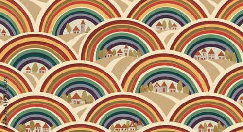 colorful village illustration with rainbow arches depicting idyllic homes on rolling hills in a whimsical landscape perfect for childrens books  decor