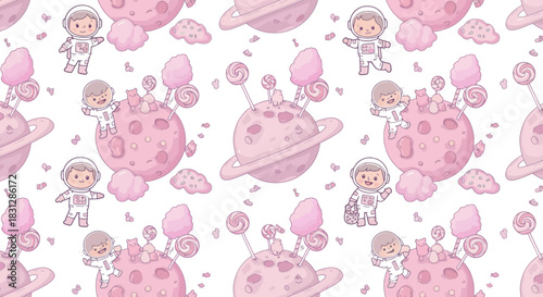 cute astronaut on a candy planet pattern floating through a sweet space adventure with lollipops and cotton candy perfect for childrens wallpaper.
