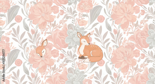 Cute fawn resting peacefully among blooming flowers a serene floral pattern perfect for nursery decor and evoking gentle childhood dreams art print.
