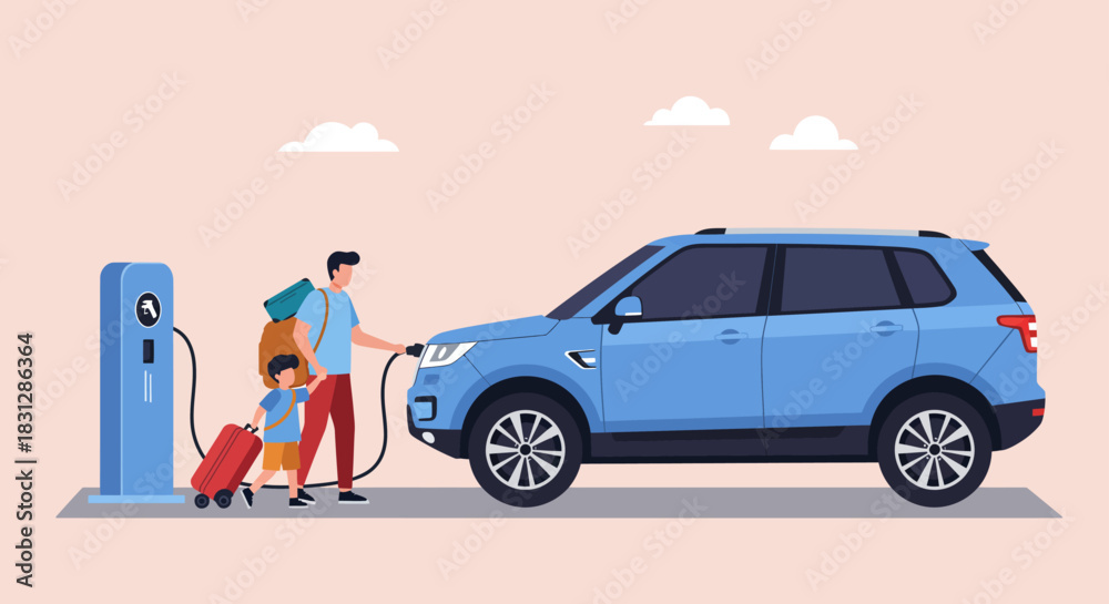 Naklejka premium Electric car charging a father with son on road trip stop to recharge the blue suv at a charging station illustrating clean energy and sustainability.