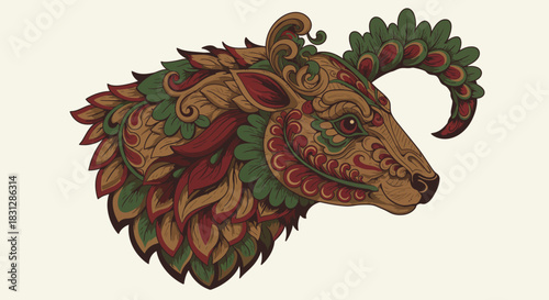 decorative ram head illustration intricately designed in earth tones conveying a sense of rustic elegance and artistic expression suitable for creative projects.