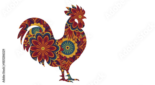 decorative rooster illustration ornamental fowl silhouette featuring floral mandala patterns against white symbolic of chinese zodiac art and design use