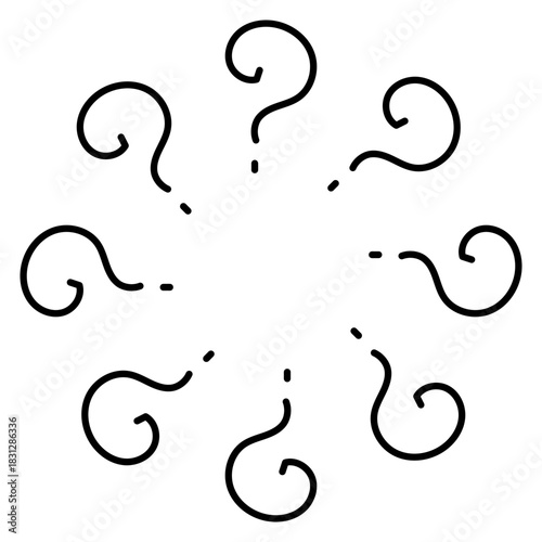 Round doodle shape with dynamic question marks leading inward. Vector symbol set ideal for brainstorming scenes, inquiry graphics and educational decoration.