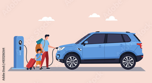 Electric car charging a father with son on road trip stop to recharge the blue suv at a charging station illustrating clean energy and sustainability.