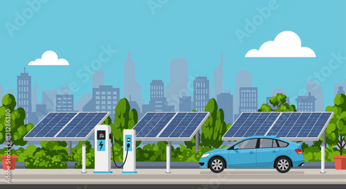 electric car charging at solar panel station in city promoting renewable energy green transport and urban sustainability for eco-friendly future