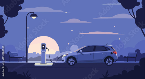 electric car charging at night eco-friendly vehicle plugged into a charger in a serene urban park at dusk promoting sustainability and green energy