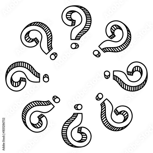 Sketch circle frame decorated with playful question marks. Vector outline illustration used for curiosity visuals, tutorials and imaginative graphic design.