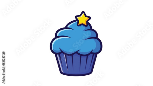 Cute Blue Cupcake with Yellow Star Topping Illustration.