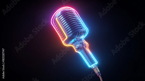Colorful neon microphone against dark background