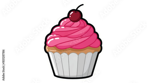 Delicious Pink Frosted Cupcake with Cherry Topping.