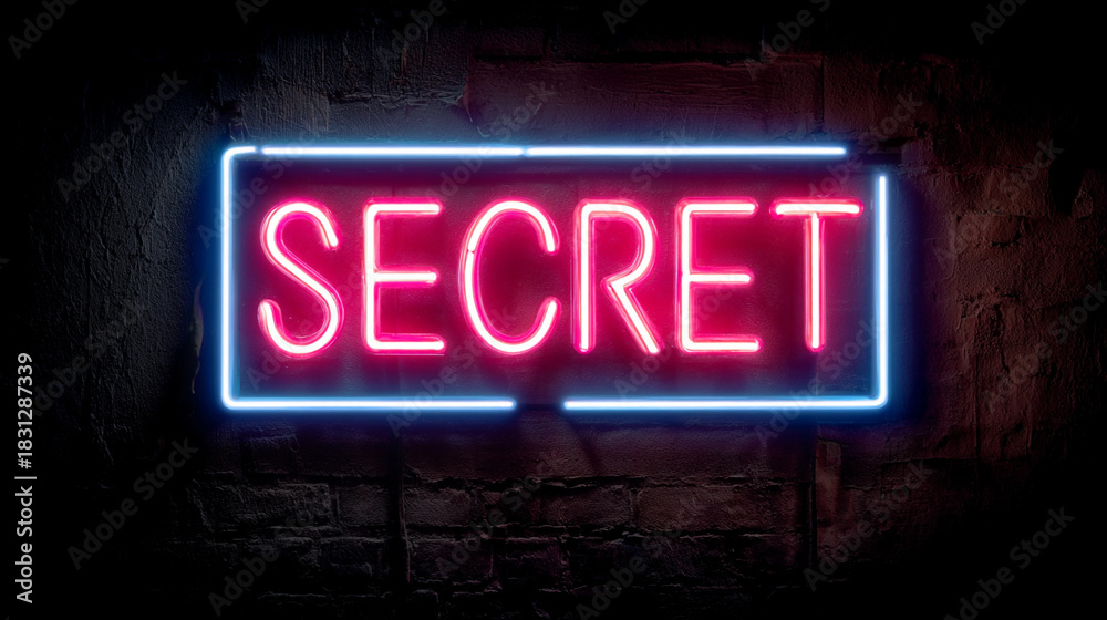 Obraz premium Neon sign illuminating the word Secret in a dimly lit environment