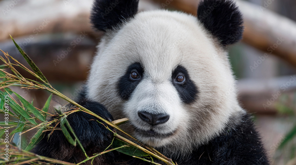 Obraz premium Panda enjoys bamboo in natural habitat during sunny day