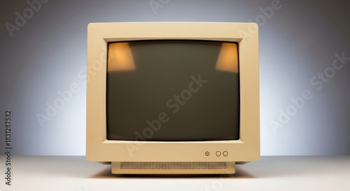 A front view of a vintage beige CRT computer monitor from the nineties on a white surface with a graduated background