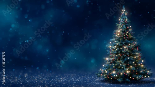 Christmas tree standing on sparkling snow, illuminating a dark blue background with festive bokeh and falling snow