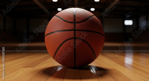 Close-up shot of a basketball resting on a polished wooden court, illuminated by soft lighting, highlighting its texture and classic design