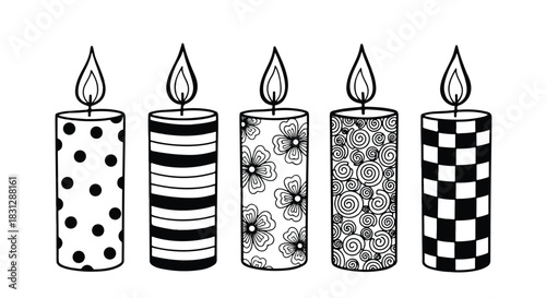 Five decorative candles with unique patterns and lit flames.