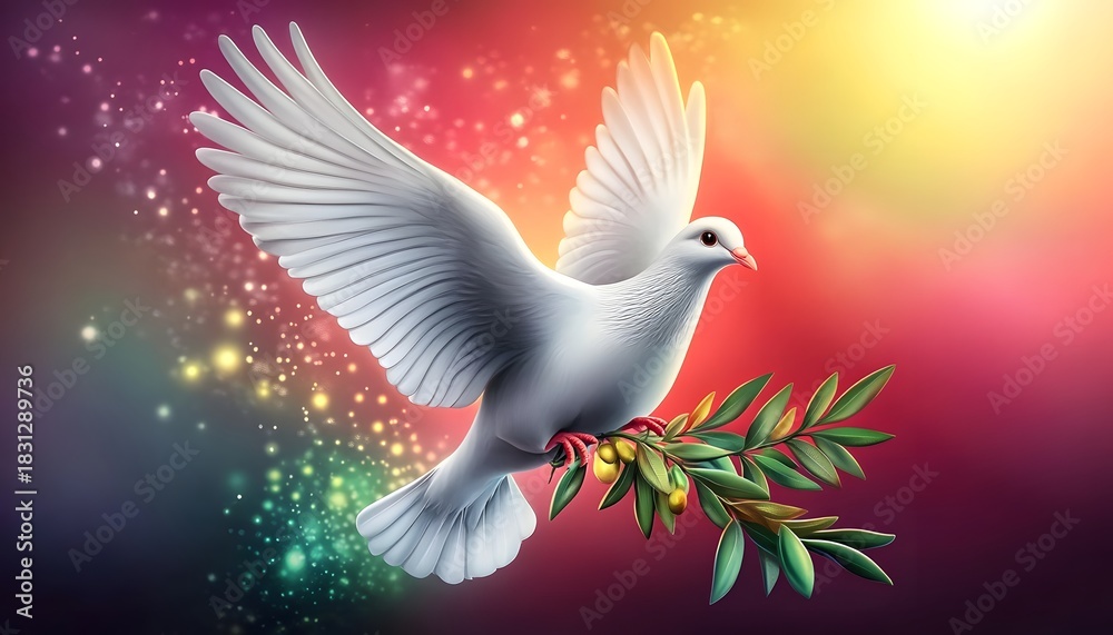 Obraz premium White dove carrying olive branch, peace and hope