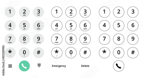Phone keypads with numbers, letters, and symbols are displayed. The keypads have different styles. Phone dial pads.