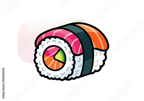 Colorful cartoon sushi roll with salmon and tuna topping.