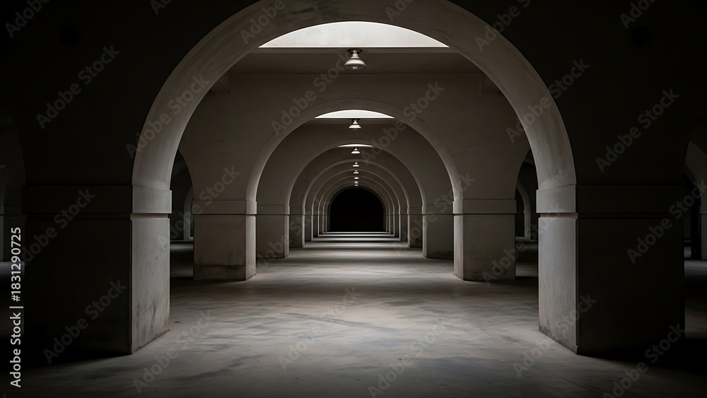 Fototapeta premium Endless arched corridor perspective leading into darkness with dramatic lighting and shadows